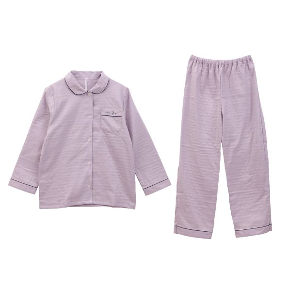 綿100％ 日本製 ダブルガーゼ 丸襟パジャマ 上下セット レディース ルームウェア 長袖 無地 パイピング ブルーミングフローラ