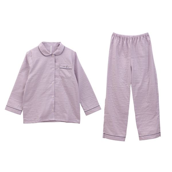 綿100％ 日本製 ダブルガーゼ 丸襟パジャマ 上下セット レディース ルームウェア 長袖 無地 パイピング ブルーミングフローラ