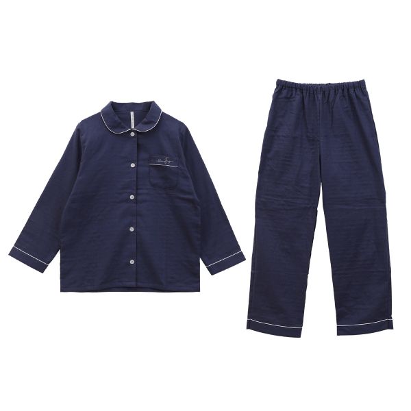 綿100％ 日本製 ダブルガーゼ 丸襟パジャマ 上下セット レディース ルームウェア 長袖 無地 パイピング ブルーミングフローラ