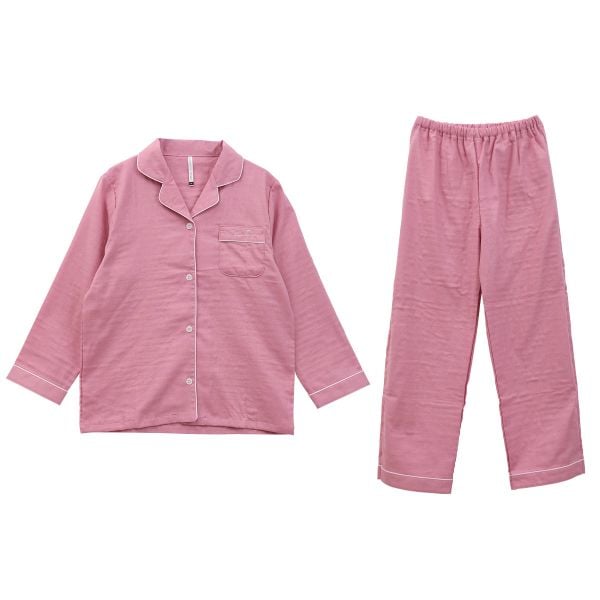 綿100％ 日本製 ダブルガーゼ シャツ襟パジャマ 上下セット レディース ルームウェア 長袖 無地 パイピング ブルーミングフローラ