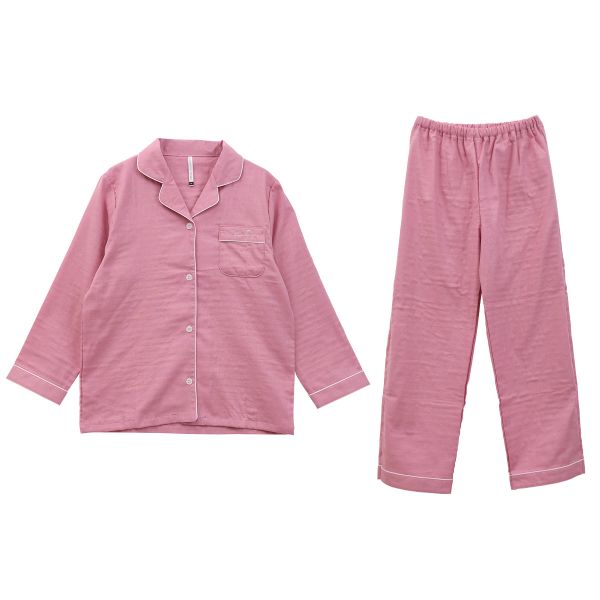 綿100％ 日本製 ダブルガーゼ シャツ襟パジャマ 上下セット レディース ルームウェア 長袖 無地 パイピング ブルーミングフローラ