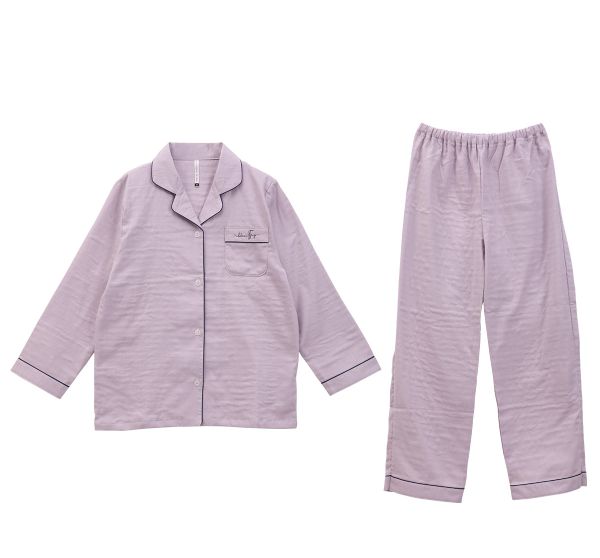 綿100％ 日本製 ダブルガーゼ シャツ襟パジャマ 上下セット レディース ルームウェア 長袖 無地 パイピング ブルーミングフローラ