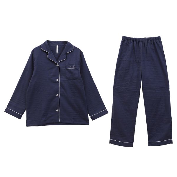 綿100％ 日本製 ダブルガーゼ シャツ襟パジャマ 上下セット レディース ルームウェア 長袖 無地 パイピング ブルーミングフローラ