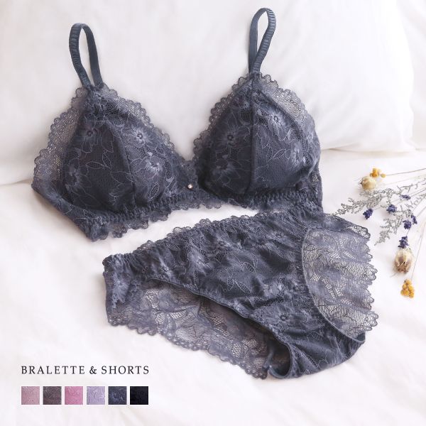 ブラジャー ショーツ セット ノンワイヤー 大きいサイズ 脇高 総レース S Ｍ Ｌ ブラレット 上下セット ブルーミングフローラ