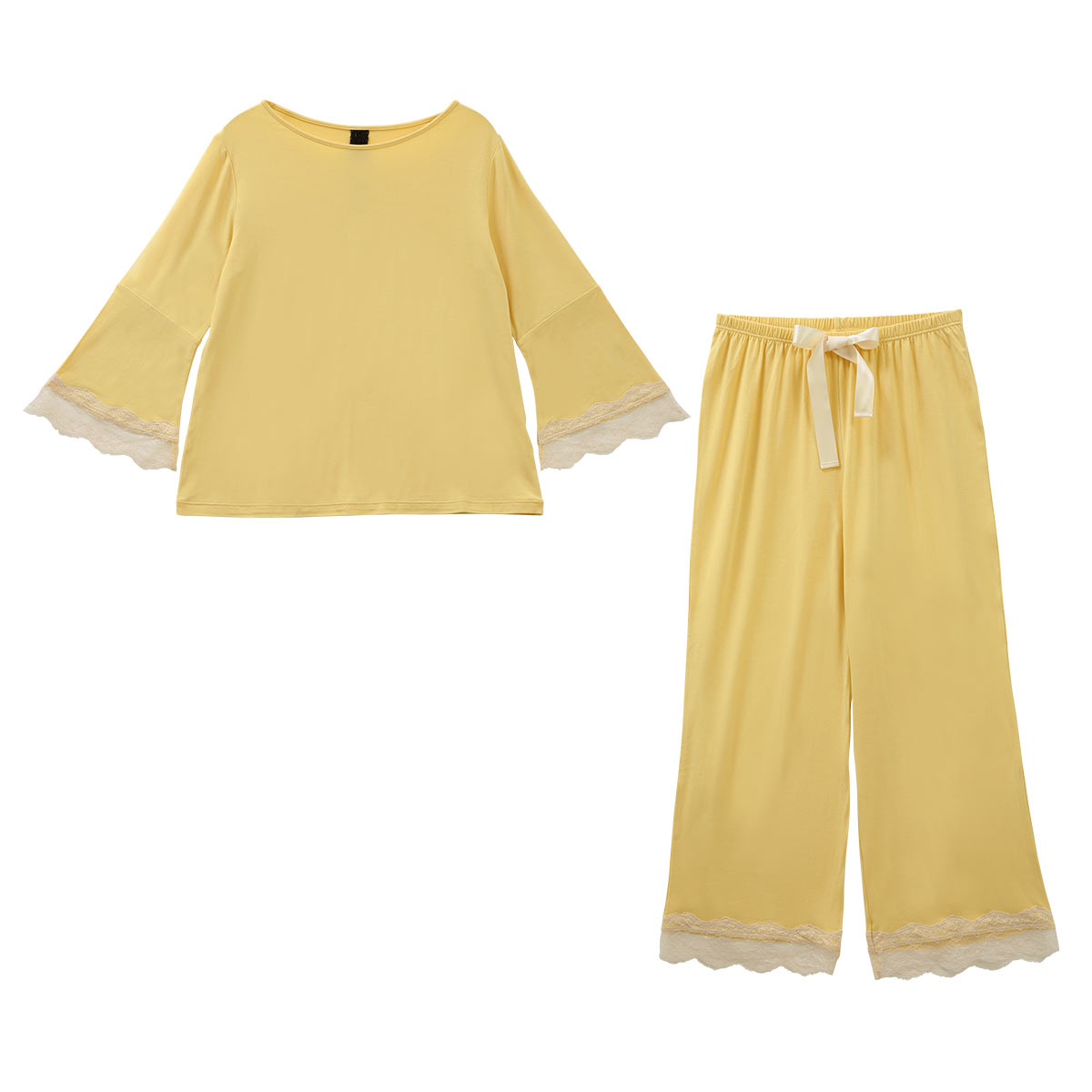 ブルーミングフローラ ルームウェア ゆるっととろみタッチ 上下セット レース フレアスリーブ ワイドパンツ 春夏秋 bloomingFLORA(YE-イエロー-M)