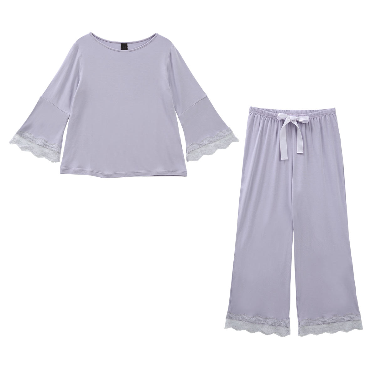 ブルーミングフローラ ルームウェア ゆるっととろみタッチ 上下セット レース フレアスリーブ ワイドパンツ 春夏秋 bloomingFLORA(GLV-グレーラベンダー-M)