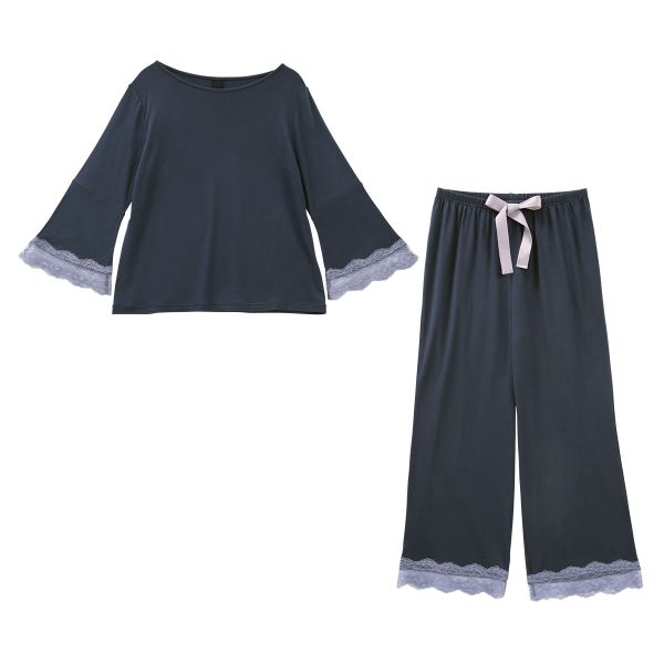 ブルーミングフローラ ルームウェア ゆるっととろみタッチ 上下セット レース フレアスリーブ ワイドパンツ 春夏秋 bloomingFLORA