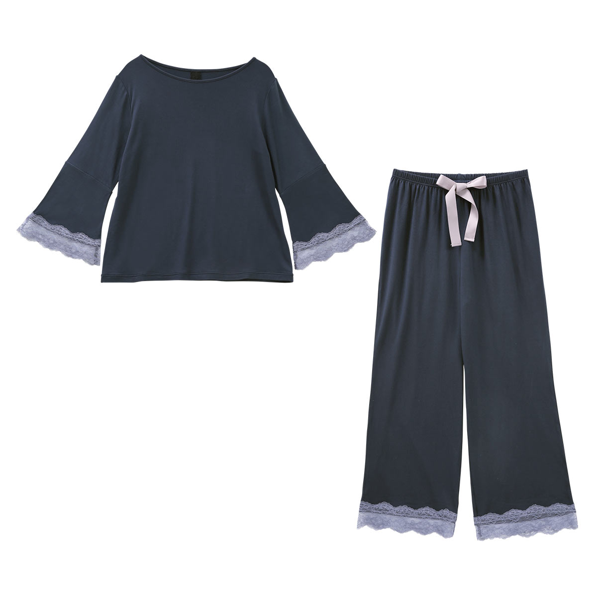 ブルーミングフローラ ルームウェア ゆるっととろみタッチ 上下セット レース フレアスリーブ ワイドパンツ 春夏秋 bloomingFLORA(NV2-ネイビー2-M)