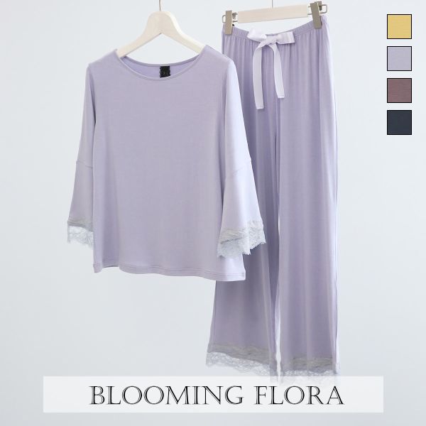 ブルーミングフローラ ルームウェア ゆるっととろみタッチ 上下セット レース フレアスリーブ ワイドパンツ 春夏秋 bloomingFLORA