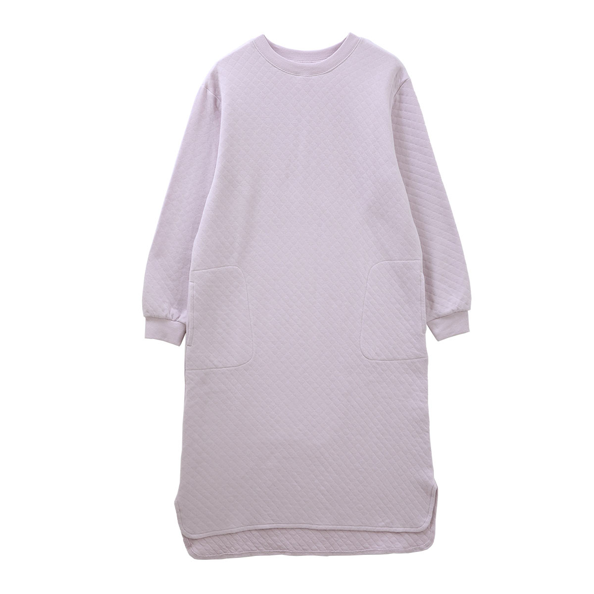 ブルーミングフローラ 綿100％ キルトニット パジャマ ワンピース 長袖 あったか シンプル おしゃれ ルームウェア ラウンドカット裾 春秋冬(LV-ラベンダー-M)