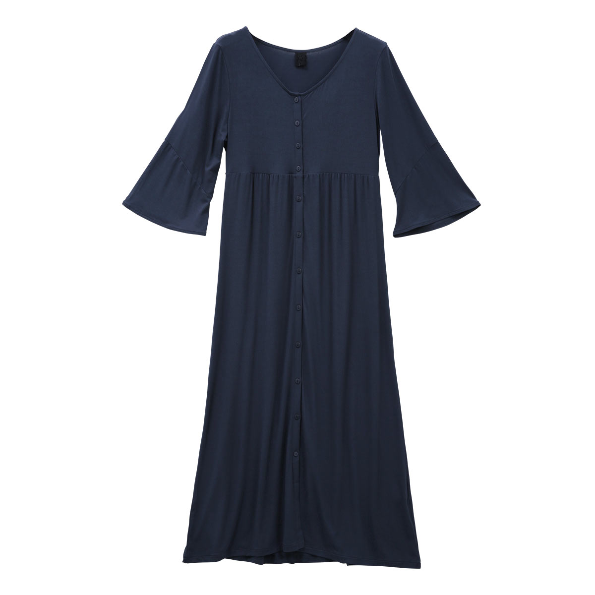 ブルーミングフローラ ルームウェア ゆるっととろみタッチ ワンピース 前開き フレア 七分袖 春夏秋 bloomingFLORA(NV-ネイビー-M)
