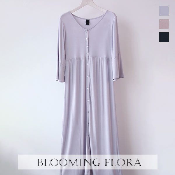 ブルーミングフローラ ルームウェア ゆるっととろみタッチ ワンピース 前開き フレア 七分袖 春夏秋 bloomingFLORA