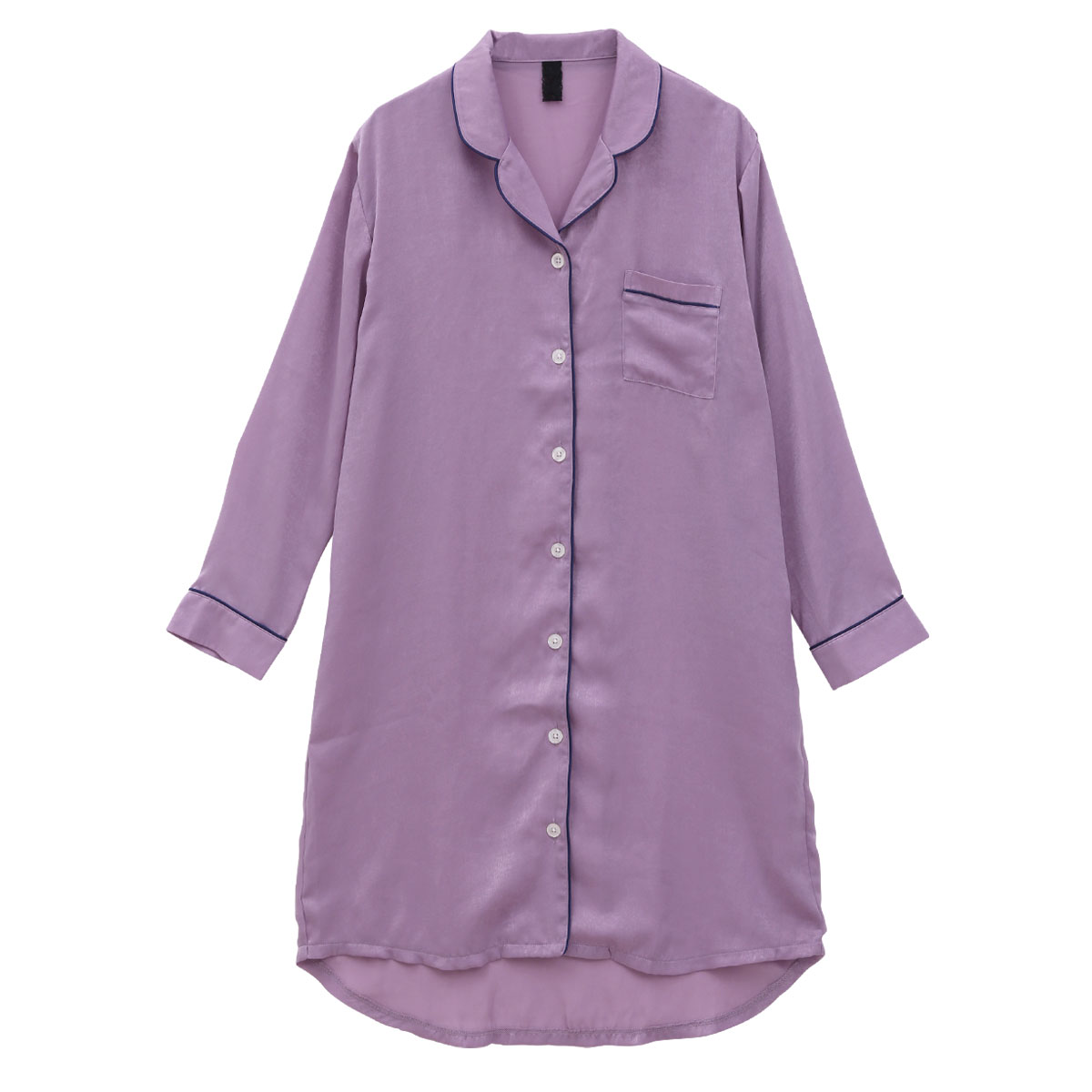 ブルーミングフローラ 艶光沢×艶とろみ ロイヤルサテン ルームウェア ワンピース シャツ 前開き 長袖 ポーチ付き bloomingFLORA(LV-ラベンダー-M)