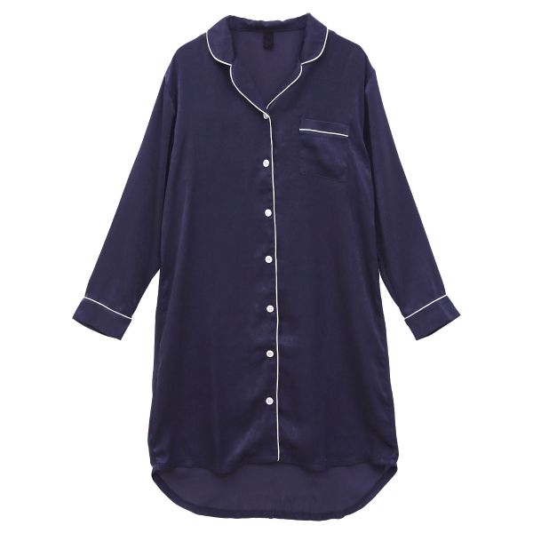 ブルーミングフローラ 艶光沢×艶とろみ ロイヤルサテン ルームウェア ワンピース シャツ 前開き 長袖 ポーチ付き bloomingFLORA