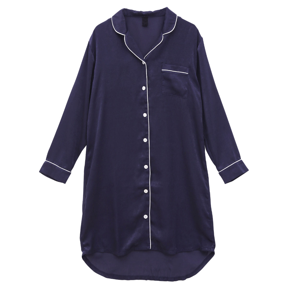 ブルーミングフローラ 艶光沢×艶とろみ ロイヤルサテン ルームウェア ワンピース シャツ 前開き 長袖 ポーチ付き bloomingFLORA(NV-ネイビー-M)
