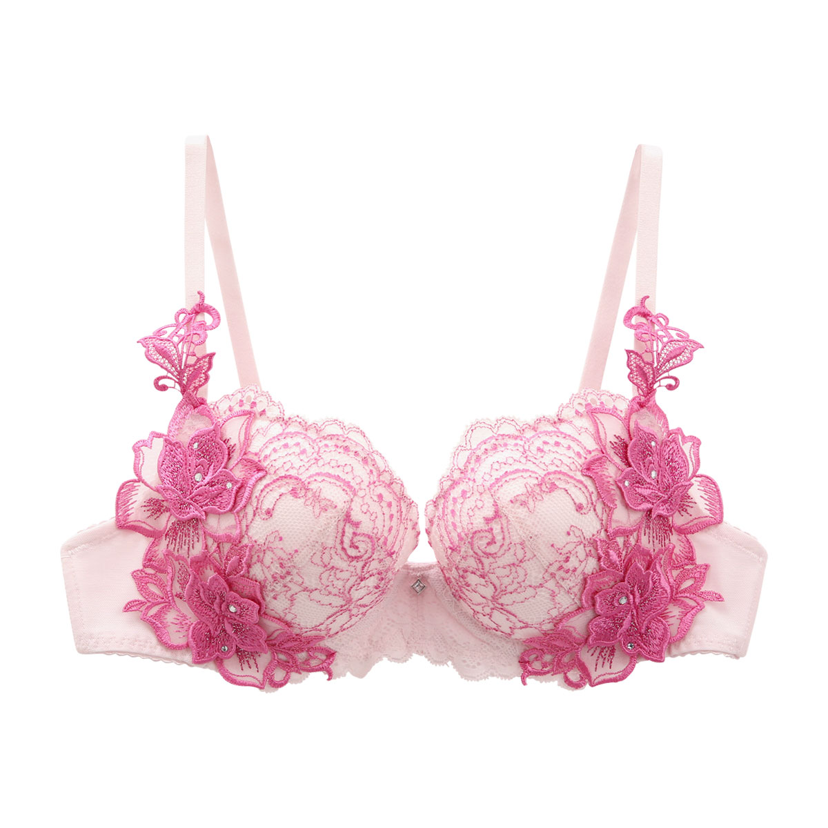 【美品 日本製 フラメンコ衣装】ピンク×豪華ボランテ Naomi 総レース 上下 himico ヒミコ 026シリーズ ブラジャー 大きいサイズ アンダー80