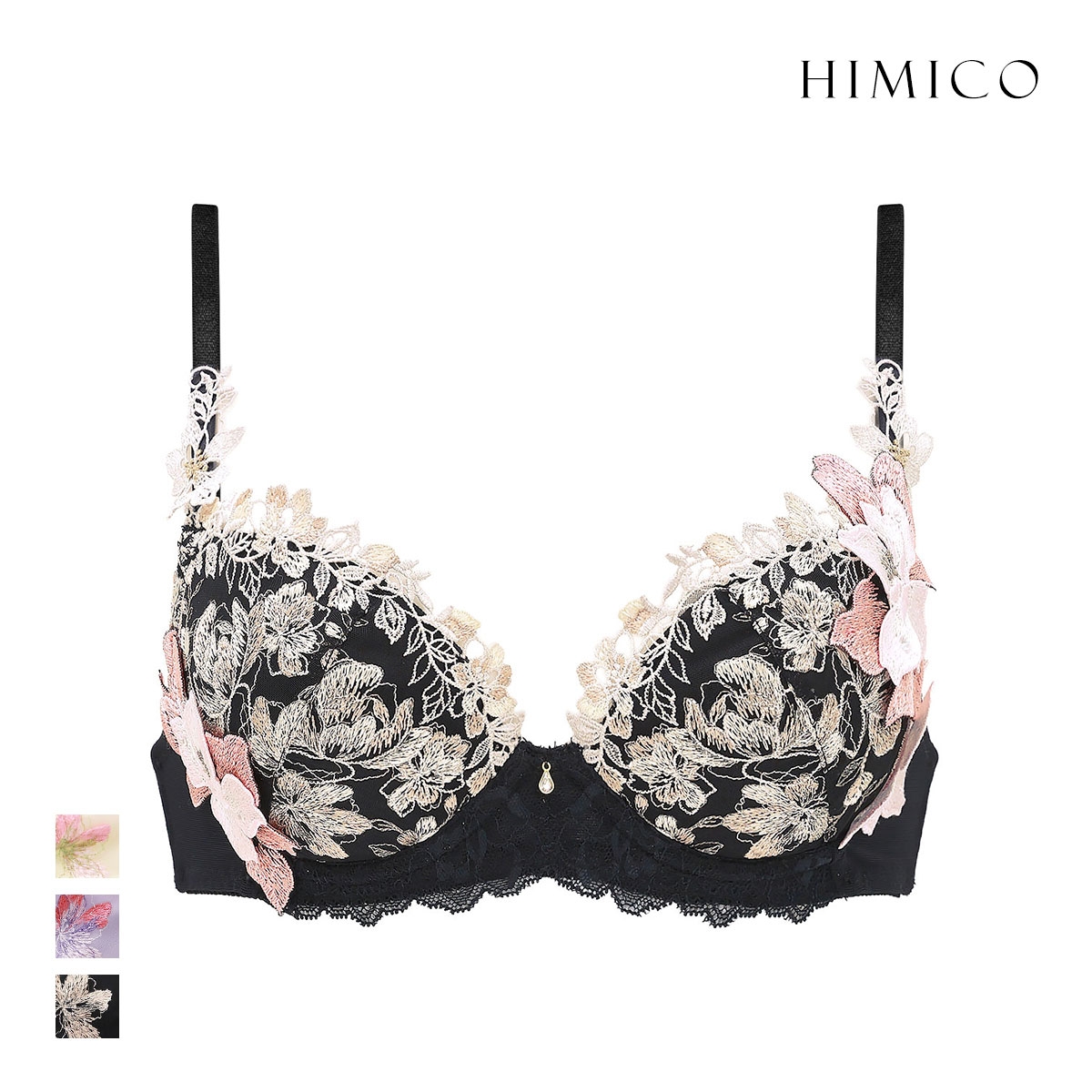 ヒミコ 037シリーズ ブラジャー 大きいサイズ アンダー80 B C D E F HIMICO 刺繍ブラジャー 大人ランジェリー 自分へのご褒美(BK-ブラック-B65)