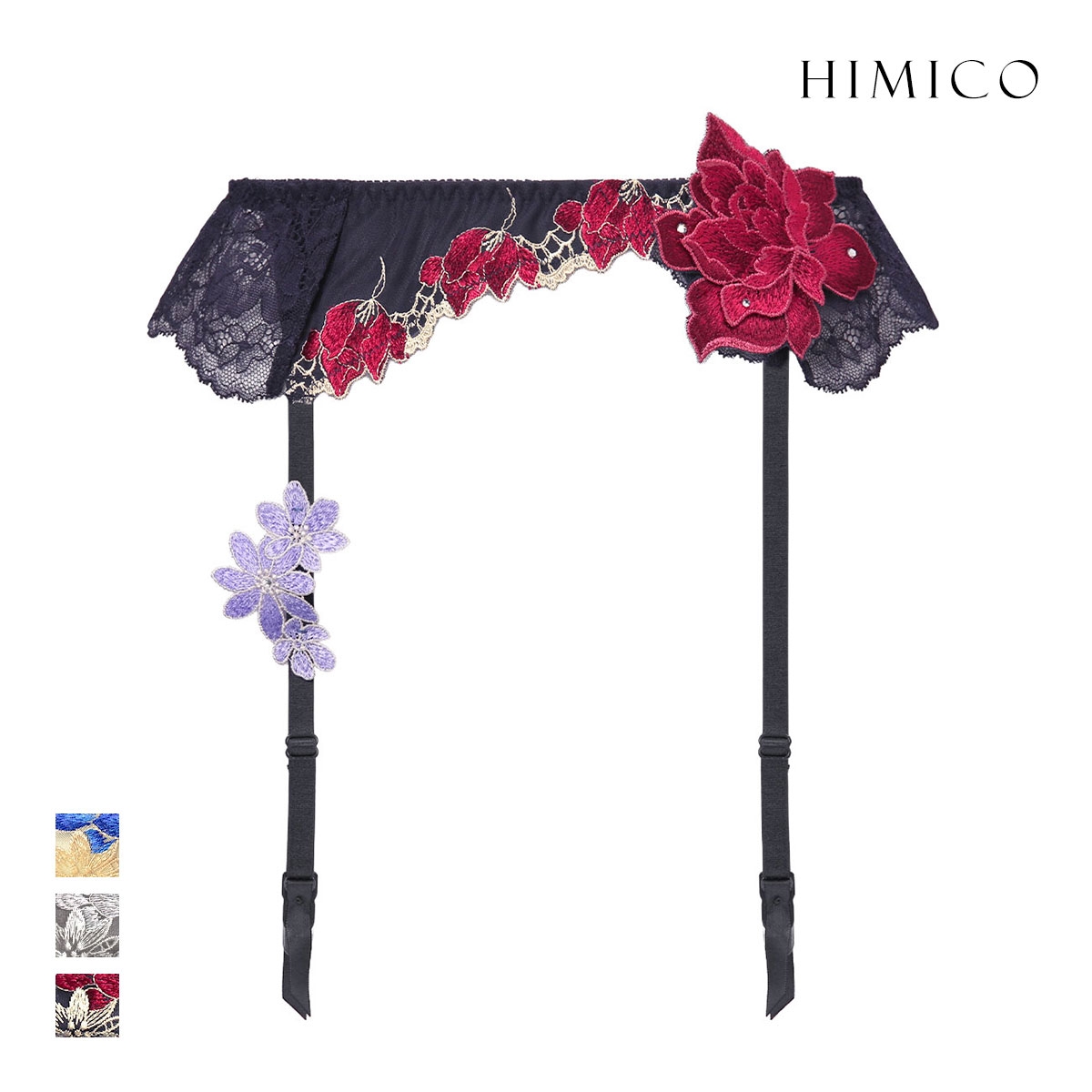 ヒミコ HIMICO 041シリーズ ガーターベルト ローズ アップリケ 刺繍 花柄 ランジェリー 上品 セクシー 勝負下着 レディース(NV-ネイビー-M)