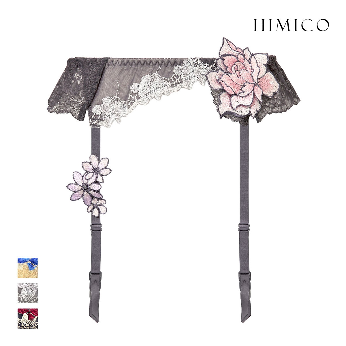 ヒミコ HIMICO 041シリーズ ガーターベルト ローズ アップリケ 刺繍 花柄 ランジェリー 上品 セクシー 勝負下着 レディース(GY-グレー-M)