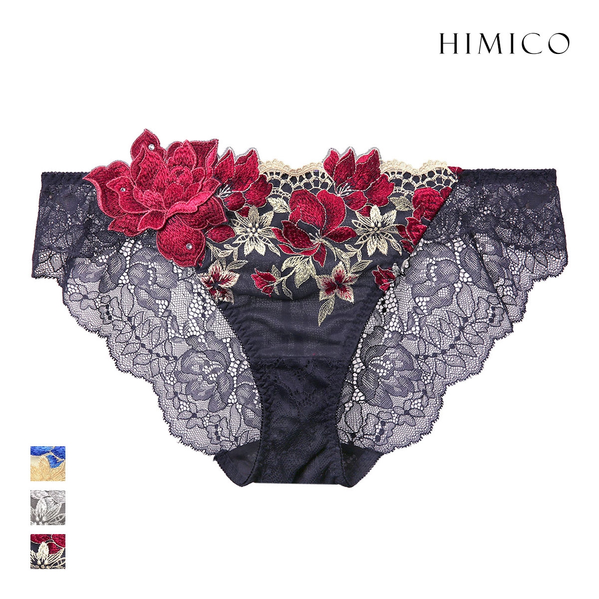 ヒミコ HIMICO 041シリーズ ノーマルショーツ ローズ アップリケ 刺繍 花柄 バックレース ショーツ 上品 エレガント 下着 レディース(NV-ネイビー-M)