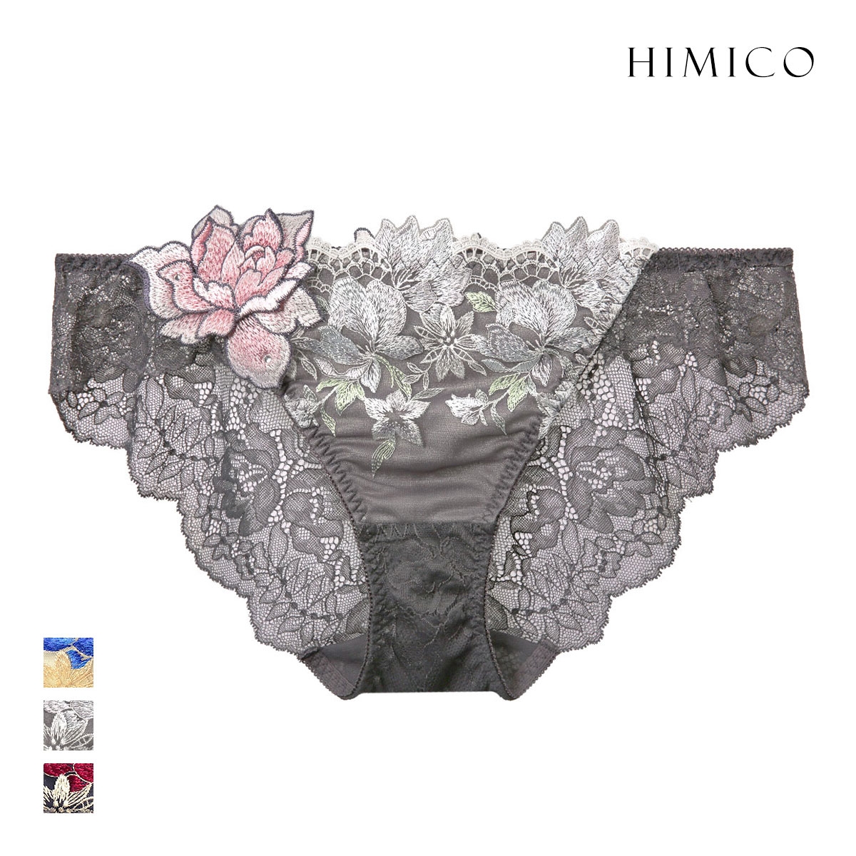 ヒミコ HIMICO 041シリーズ ノーマルショーツ ローズ アップリケ 刺繍 花柄 バックレース ショーツ 上品 エレガント 下着 レディース(GY-グレー-M)