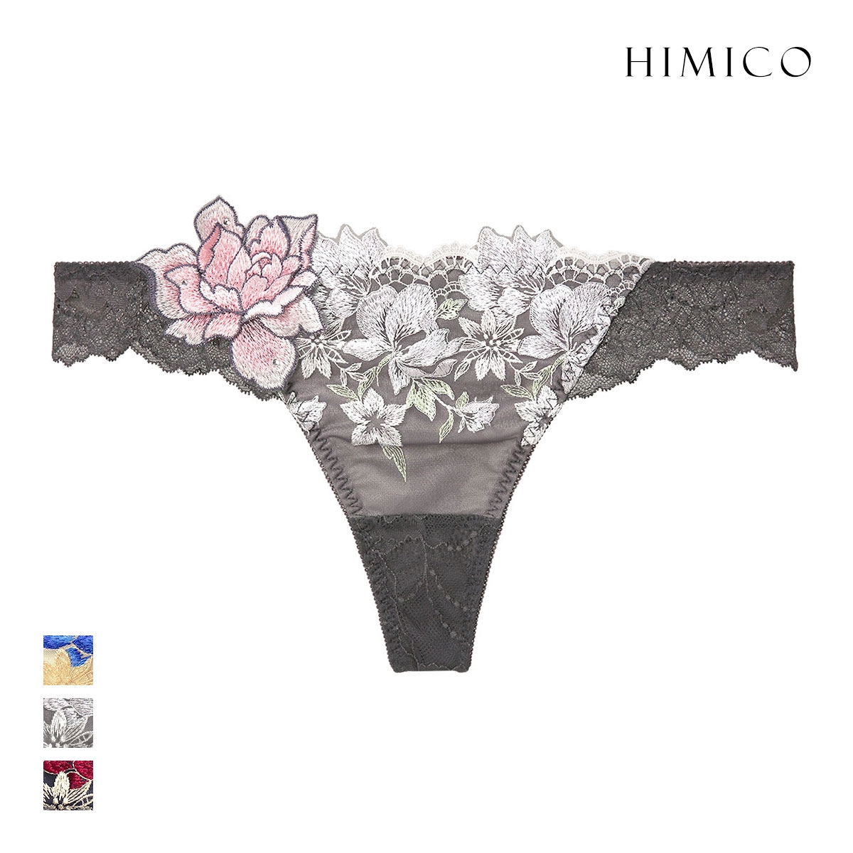 ヒミコ HIMICO 041シリーズ Tバックショーツ Tバック ソング タンガ ローズ アップリケ 刺繍 花柄 上品 エレガント 下着(GY-グレー-M)