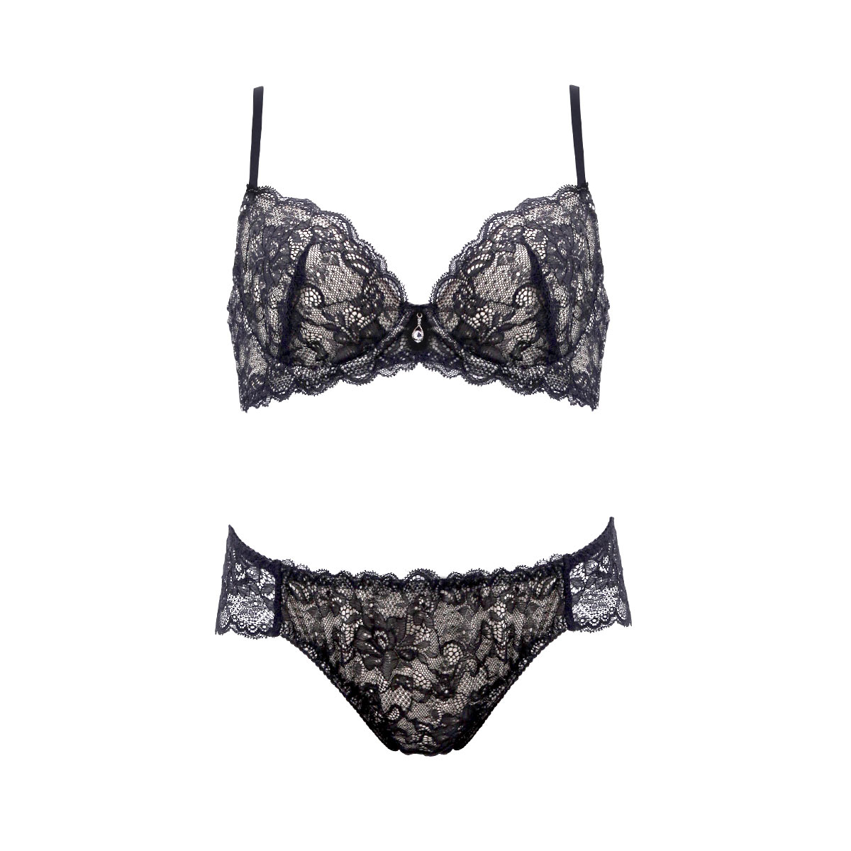 ブルーミングフローラ eXsta Sheer Lacey Veil ノンパテッド ブラジャー ショーツ セット bloomingFLORA(BK-ブラック-C65-M)