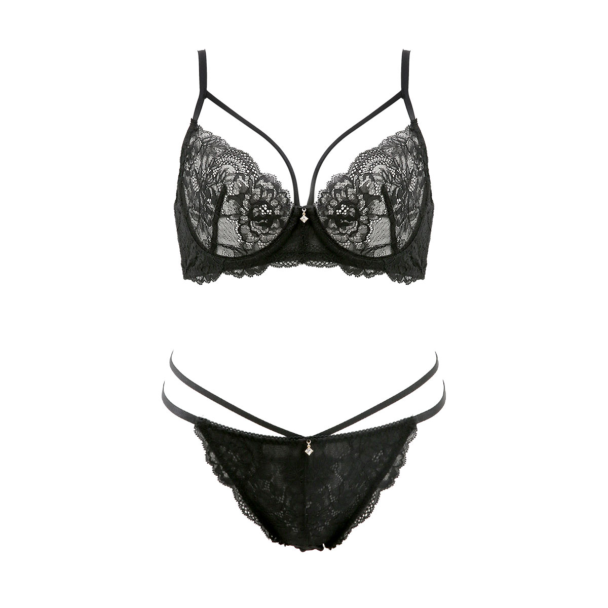 フロリナヴォーテ ブラジャー ショーツ セット eXsta Sheer Lacey Veil ノンパテッド Tバック ソング タンガ 総レース(BK-ブラック-C65-M)