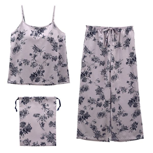 ブルーミングフローラ ルームウェア ボタニカルサテン 上下セット キャミソール ロングパンツ カップ付き パジャマ bloomingFLORA