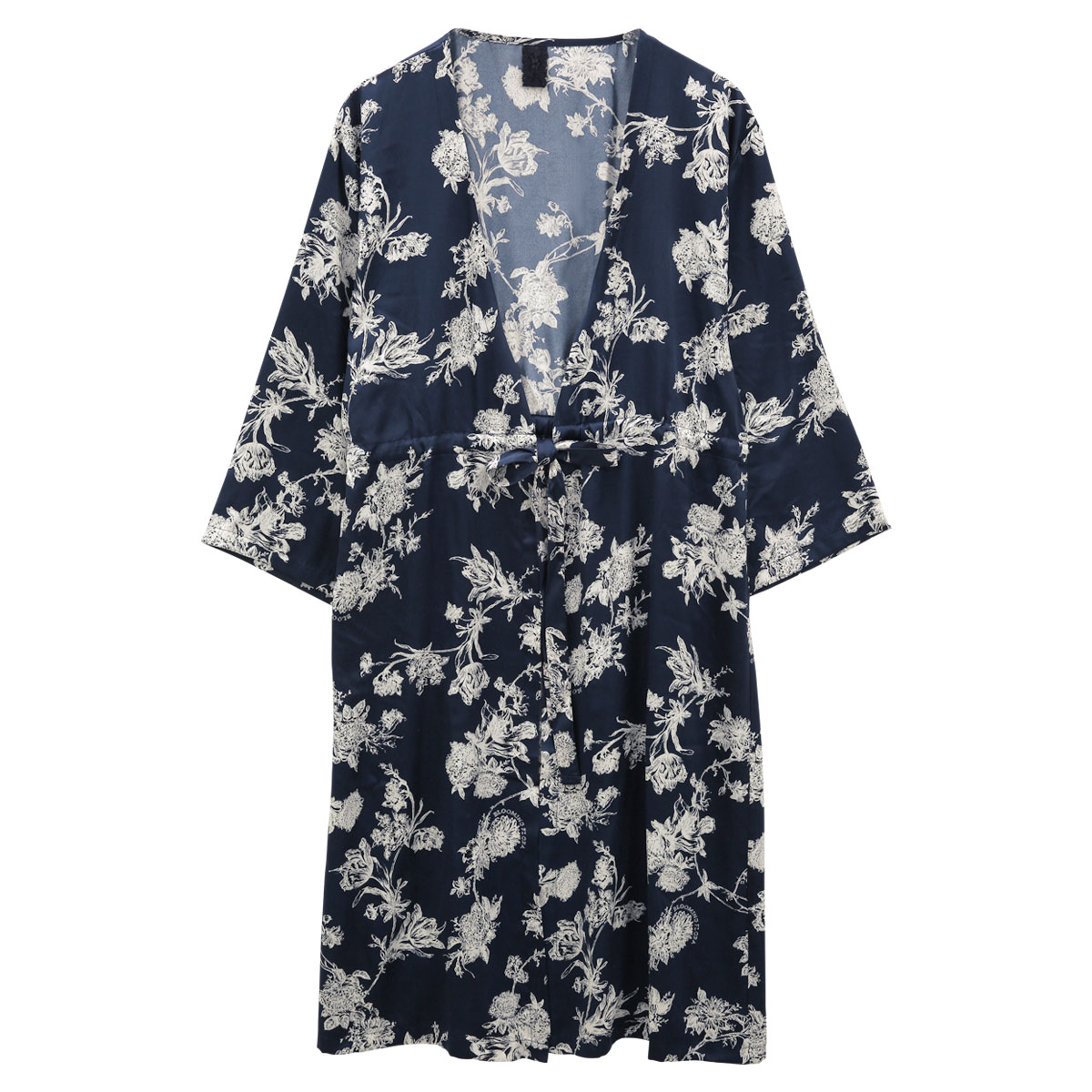ブルーミングフローラ ルームウェア ボタニカルサテン ガウン パジャマ サテン花柄 春夏秋冬 bloomingFLORA(NV-ネイビー-M)