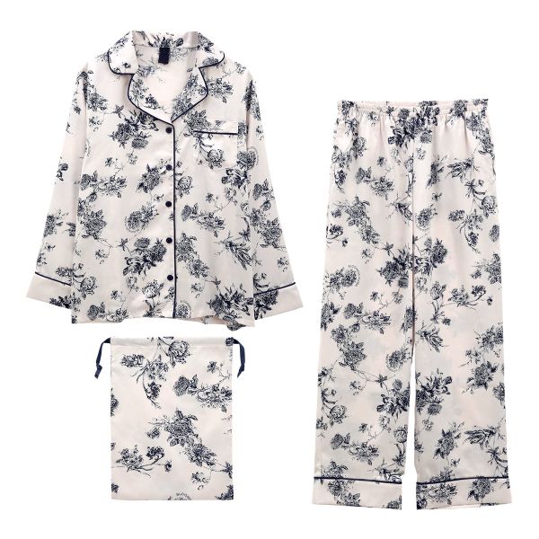 ブルーミングフローラ ルームウェア ボタニカルサテン 上下セット ロングパンツ 長袖 前開き パジャマ サテン花柄 bloomingFLORA