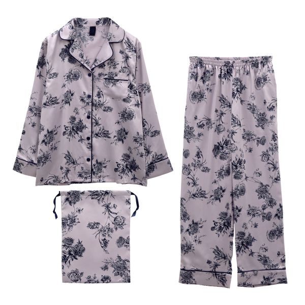 ブルーミングフローラ ルームウェア ボタニカルサテン 上下セット ロングパンツ 長袖 前開き パジャマ サテン花柄 bloomingFLORA