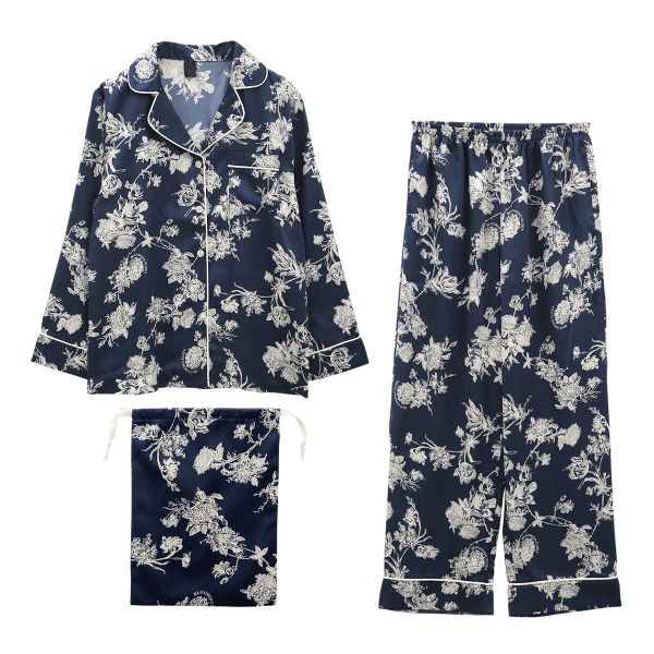 ブルーミングフローラ ルームウェア ボタニカルサテン 上下セット ロングパンツ 長袖 前開き パジャマ サテン花柄 bloomingFLORA