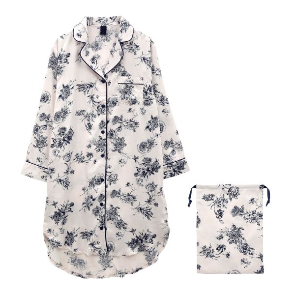 ブルーミングフローラ ルームウェア ボタニカルサテン ワンピース 長袖 前開き パジャマ サテン花柄 春夏秋冬 bloomingFLORA