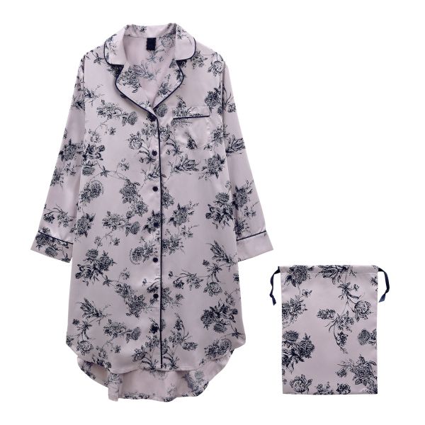 ブルーミングフローラ ルームウェア ボタニカルサテン ワンピース 長袖 前開き パジャマ サテン花柄 春夏秋冬 bloomingFLORA