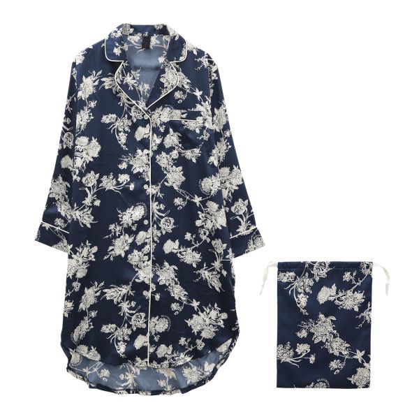ブルーミングフローラ ルームウェア ボタニカルサテン ワンピース 長袖 前開き パジャマ サテン花柄 春夏秋冬 bloomingFLORA