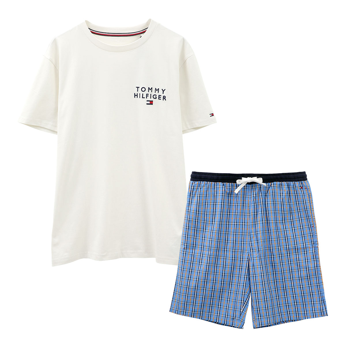 トミー・ヒルフィガー TOMMY HILFIGER SS WOVEN PJ SET DRAWSTRING 半袖Tシャツ/ショートパンツセット メンズ ラウンジウェア(OW-オフホワイト-M)