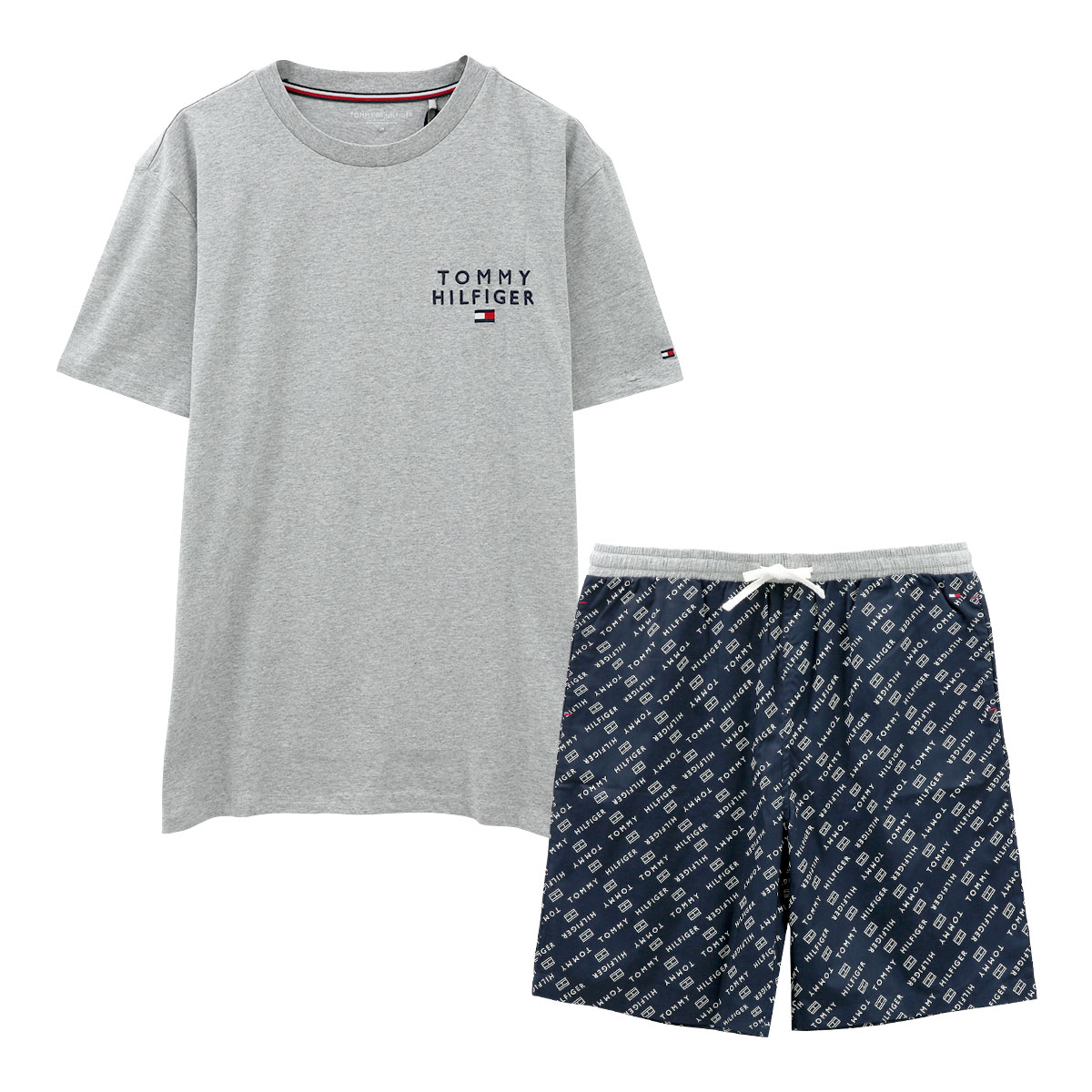 トミー・ヒルフィガー TOMMY HILFIGER SS WOVEN PJ SET DRAWSTRING 半袖Tシャツ/ショートパンツセット メンズ ラウンジウェア(GY-グレー-M)