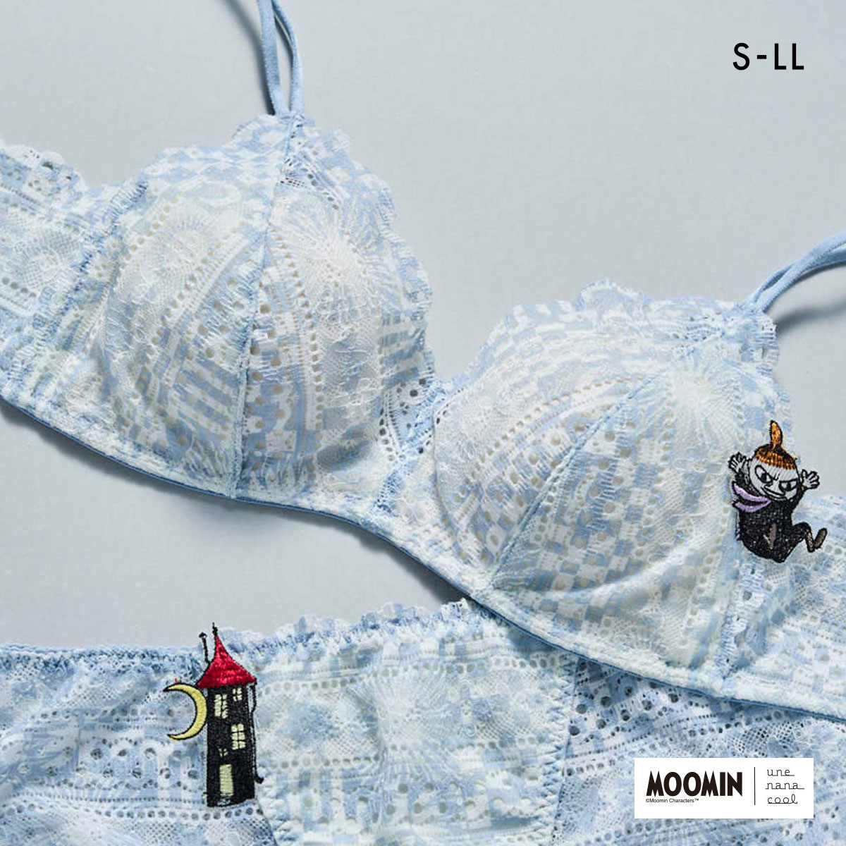 ウンナナクール MOOMIN × une nana cool 364 レース 特別な日以外の364日つけたくなるブラ ノンワイヤーブラ 364ブラ ムーミン une nana cool(LBU-薄ブルー-S)