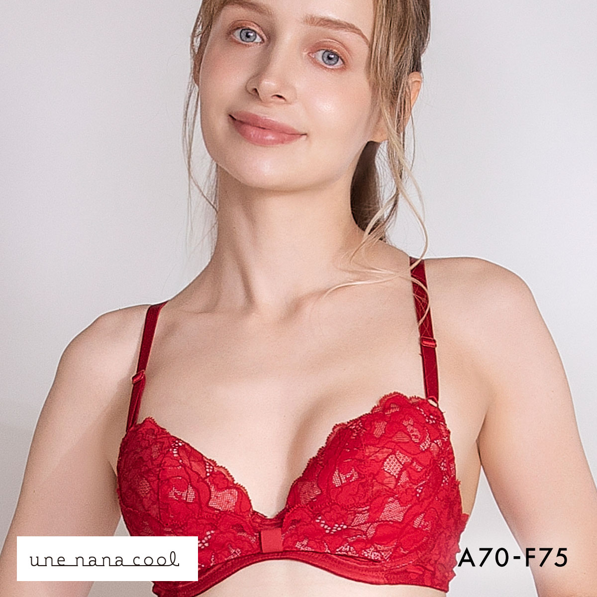 ウンナナクール リボンブラ レース 胸もとフィットながもち 動いても、キレイはつづく 3/4カップブラジャー une nana cool(RE-レッド-A70)