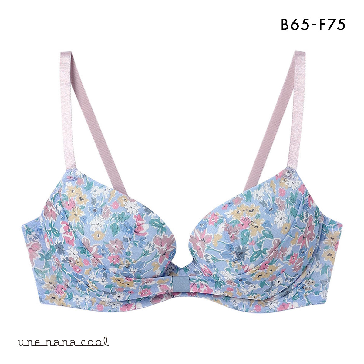 ウンナナクール MADE WITH LIBERTY FABRIC リボンブラ レース 胸もとフィットながもち 動いても、キレイはつづく 3/4カップブラジャー une nana cool(LBU-薄ブルー-B65)