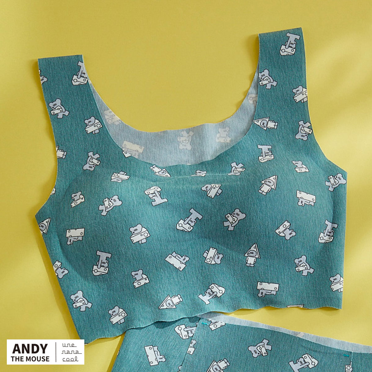 ウンナナクール MADE WITH ねずみのANDY フラット仕上げノンワイヤーブラジャー ブラジャー une nana cool(GR-グリーン-M)