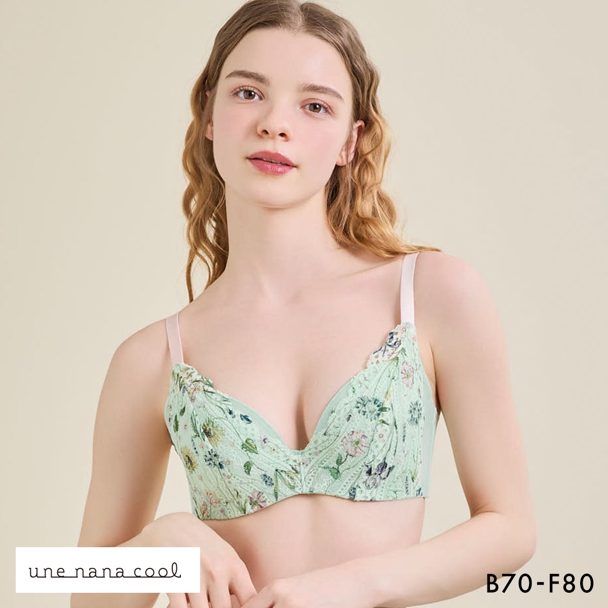 ウンナナクール 脇スッキリ さあ、わたし MADE WITH LIBERTY FABRIC レース 3/4カップブラジャー une nana cool 大きいサイズ(ME-メロン-B70)
