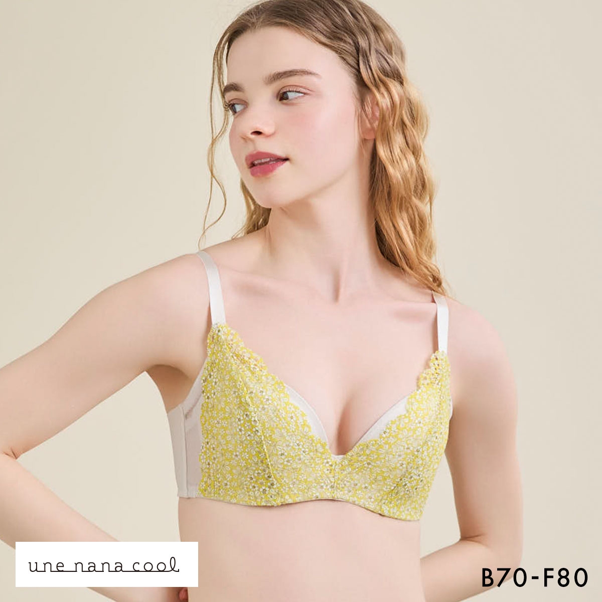 ウンナナクール 脇スッキリ さあ、わたし MADE WITH LIBERTY FABRIC レース 3/4カップブラジャー une nana cool 大きいサイズ(YE-イエロー-B70)