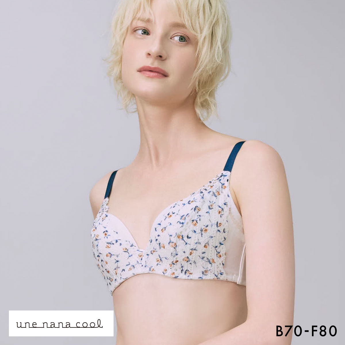 ウンナナクール 脇スッキリ さあ、わたし MADE WITH LIBERTY FABRIC レース 3/4カップブラジャー une nana cool 大きいサイズ(BU-ブルー-B70)