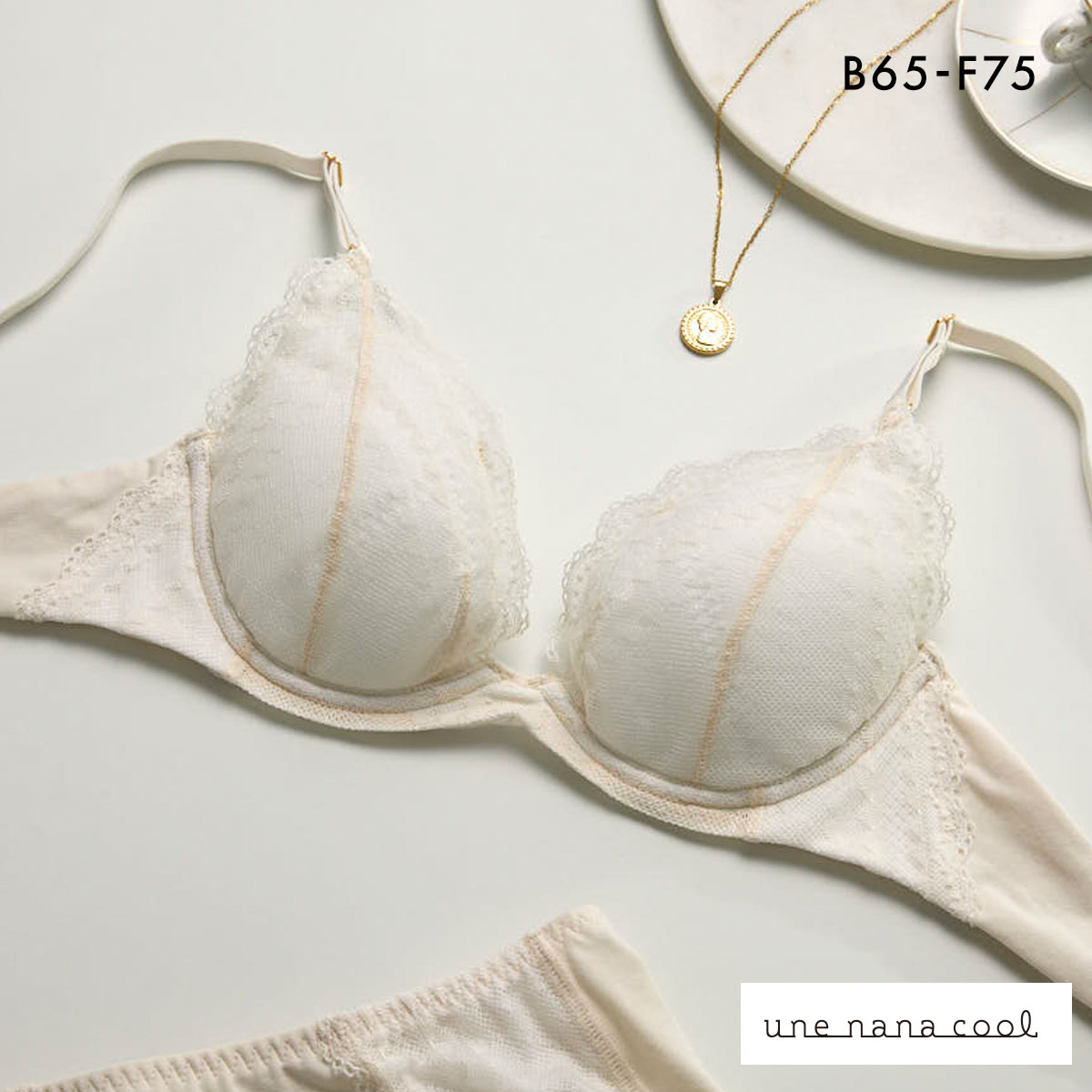 ウンナナクール ビタードットコットン 3/4カップブラジャー 綿混 前中心が痛くなりにくい 全サイズ同一価格 une nana cool(LBE-薄ベージュ-B65)