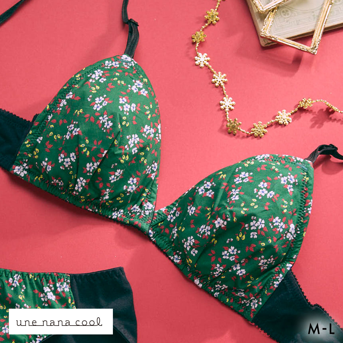 ウンナナクール une nana cool 綿混 三角ノンワイヤーブラ MADE WITH LIBERTY FABRIC 単品(DGR-濃グリーン-M)