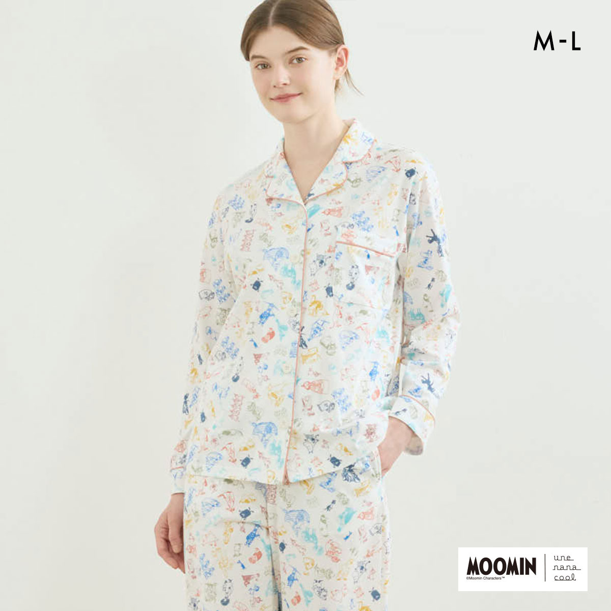 ウンナナクール MOOMIN × une nana cool 綿100％ 開襟パジャマ ルームウェア パジャマ 上下セット 長袖 レディース(IV-アイボリー-M)
