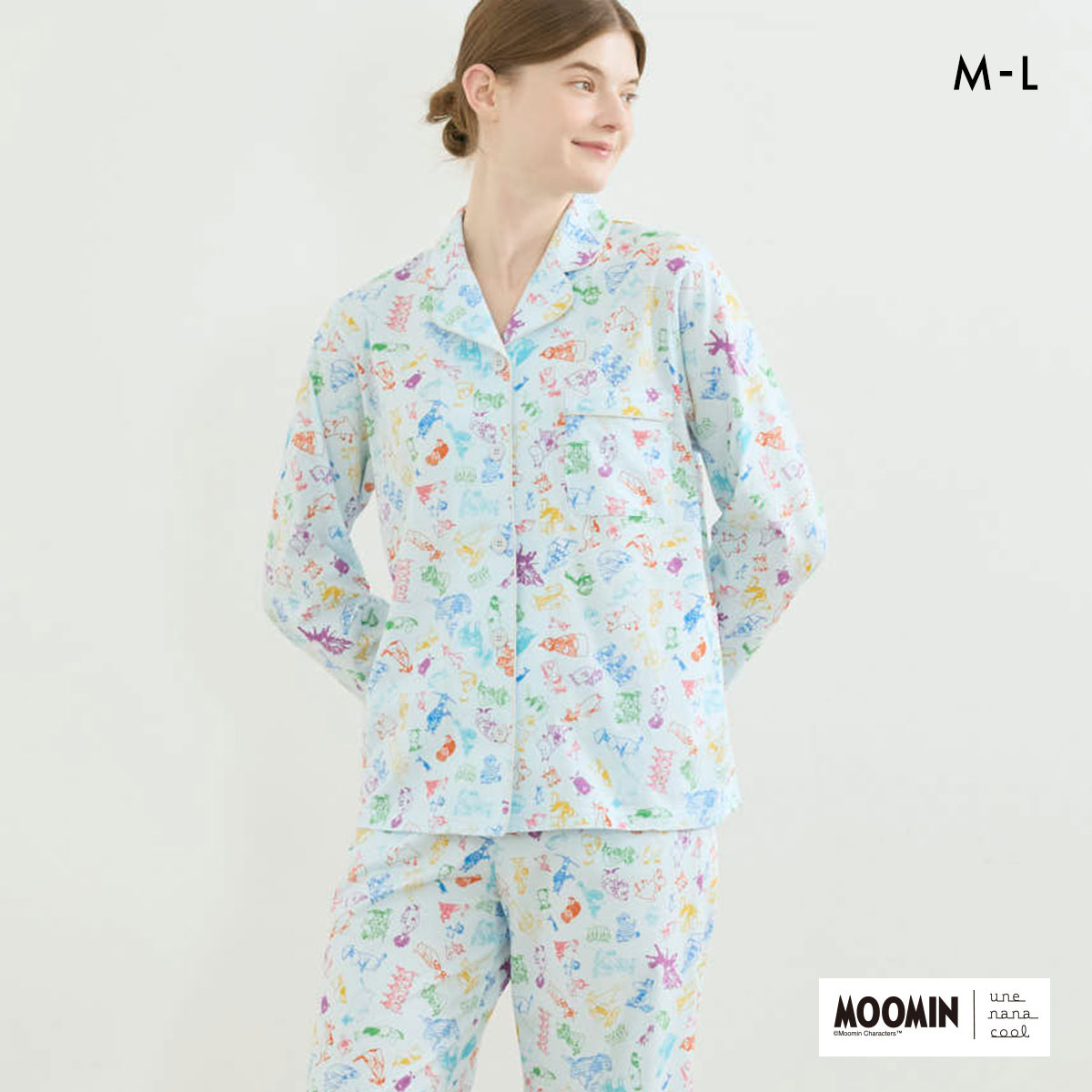ウンナナクール MOOMIN × une nana cool 綿100％ 開襟パジャマ ルームウェア パジャマ 上下セット 長袖 レディース(TU-ターコイズ-M)