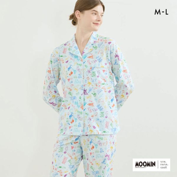 ウンナナクール MOOMIN × une nana cool 綿100% 開襟パジャマ ルームウェア パジャマ 上下セット 長袖 レディース ウンナナクール MOOMIN × une nana cool 綿100% 開襟パジャマ ルームウェア パジャマ 上下セット 長袖 レディース